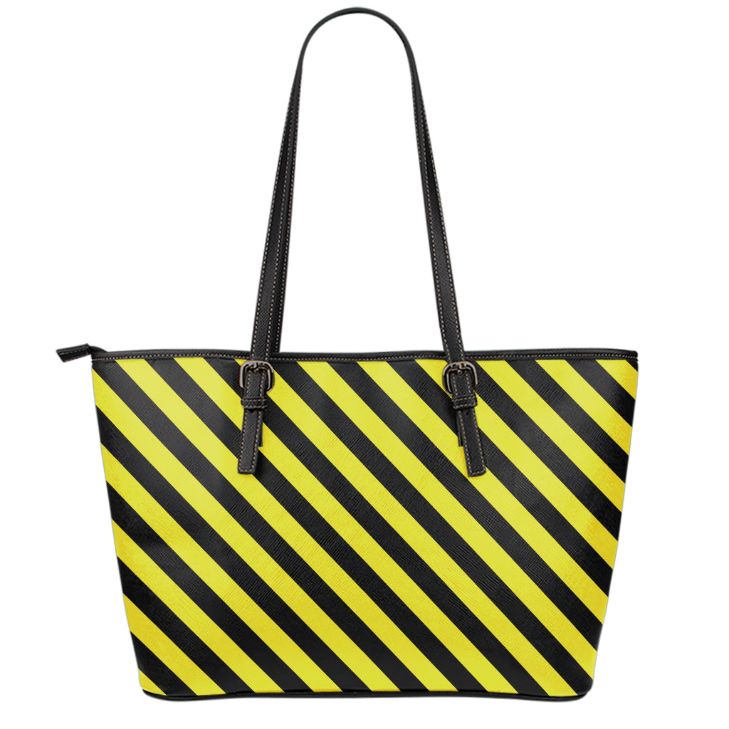 Black And Yellow Warning Striped Print Leather Tote Bag