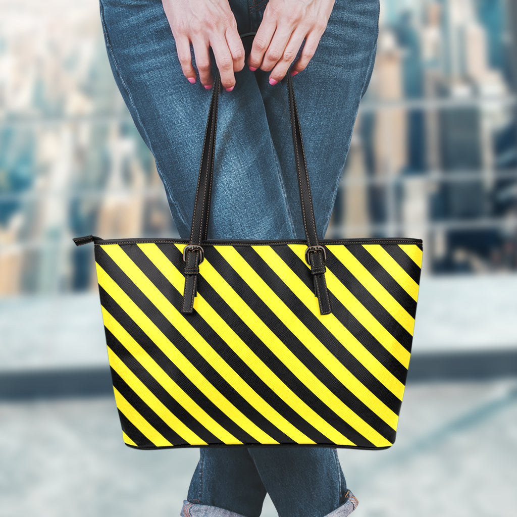 Black And Yellow Warning Striped Print Leather Tote Bag