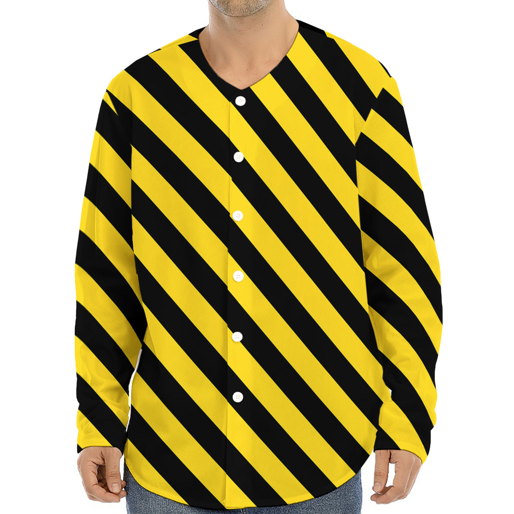 Black And Yellow Warning Striped Print Long Sleeve Baseball Jersey