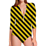 Black And Yellow Warning Striped Print Long Sleeve Swimsuit