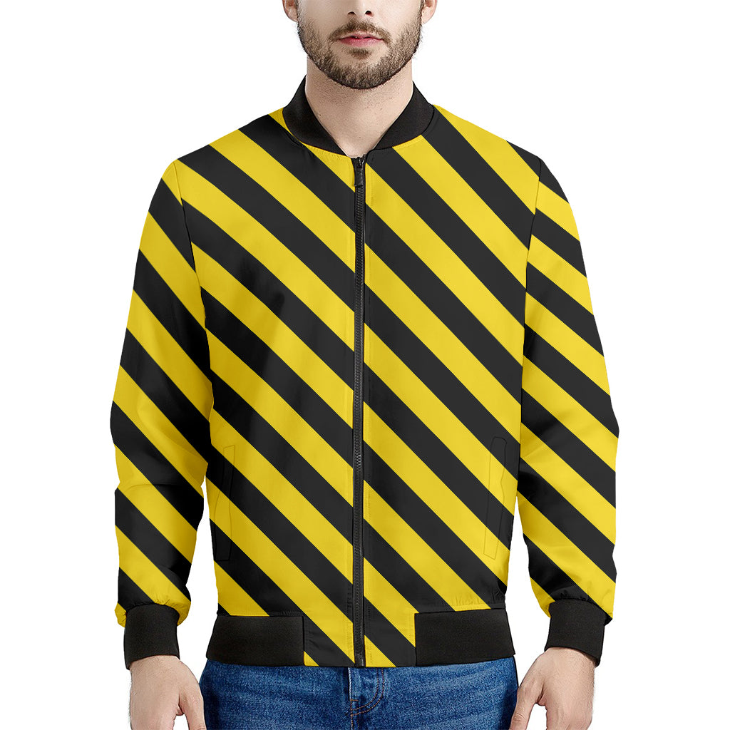 Black And Yellow Warning Striped Print Men's Bomber Jacket