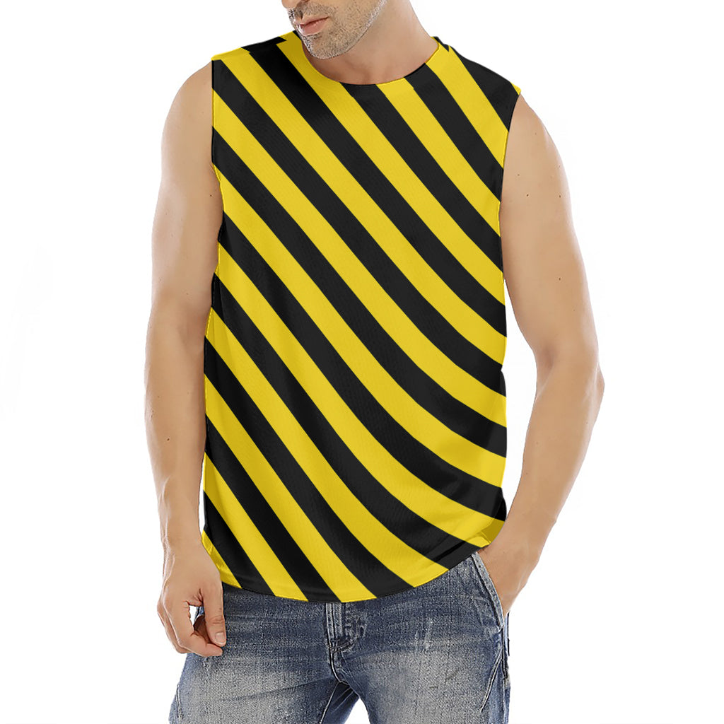 Black And Yellow Warning Striped Print Men's Fitness Tank Top