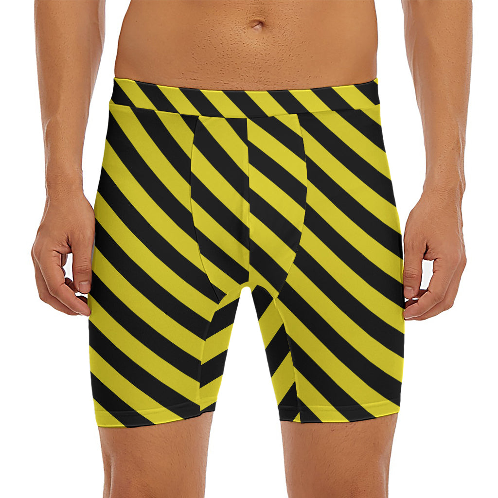 Black And Yellow Warning Striped Print Men's Long Boxer Briefs