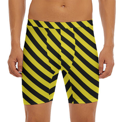 Black And Yellow Warning Striped Print Men's Long Boxer Briefs