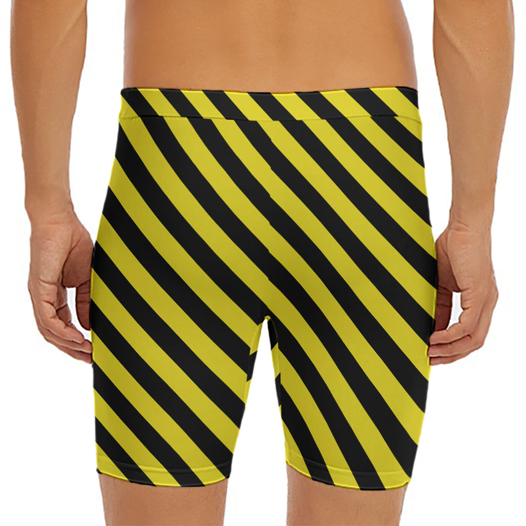 Black And Yellow Warning Striped Print Men's Long Boxer Briefs
