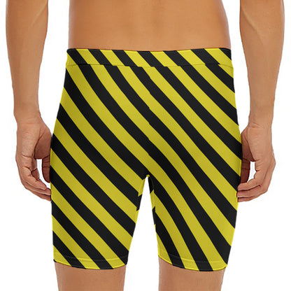 Black And Yellow Warning Striped Print Men's Long Boxer Briefs