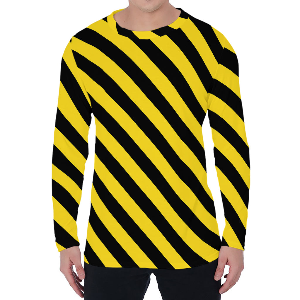 Black And Yellow Warning Striped Print Men's Long Sleeve T-Shirt