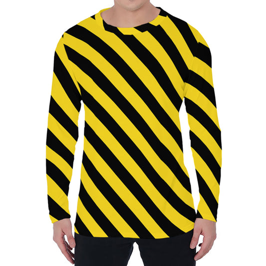 Black And Yellow Warning Striped Print Men's Long Sleeve T-Shirt
