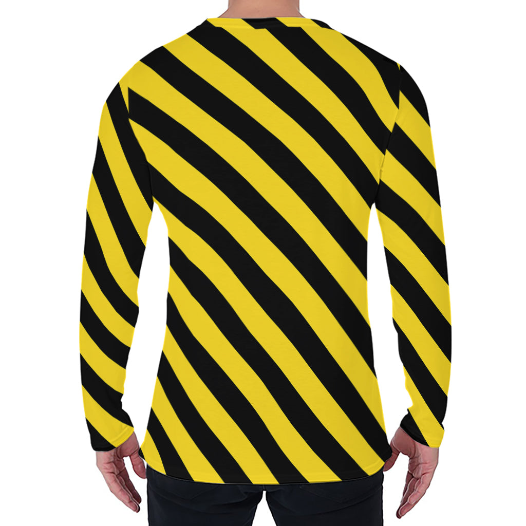 Black And Yellow Warning Striped Print Men's Long Sleeve T-Shirt