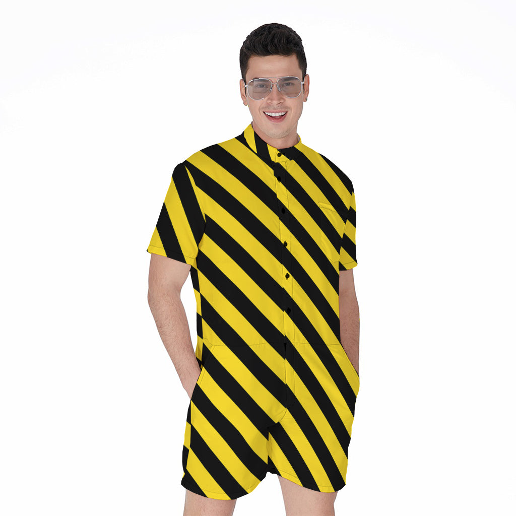 Black And Yellow Warning Striped Print Men's Rompers