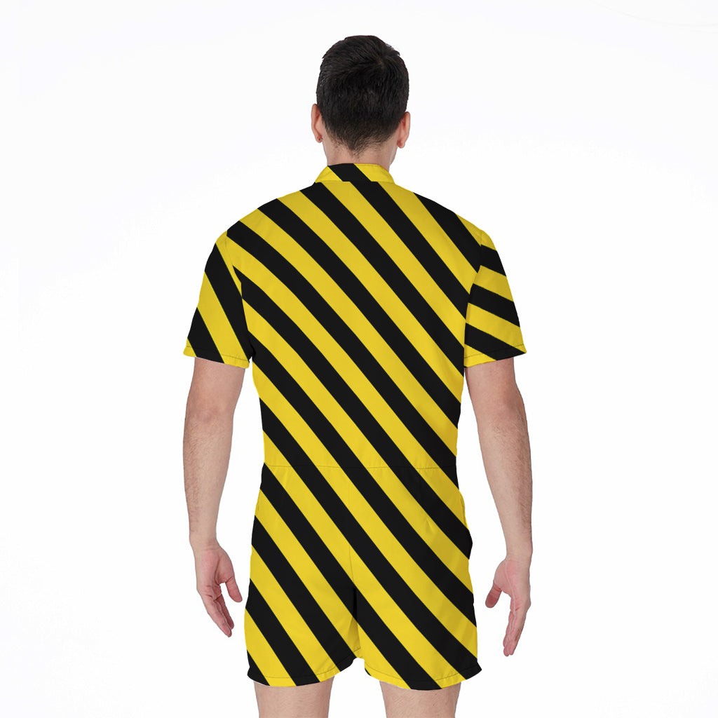 Black And Yellow Warning Striped Print Men's Rompers