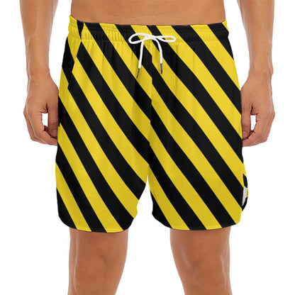 Black And Yellow Warning Striped Print Men's Split Running Shorts