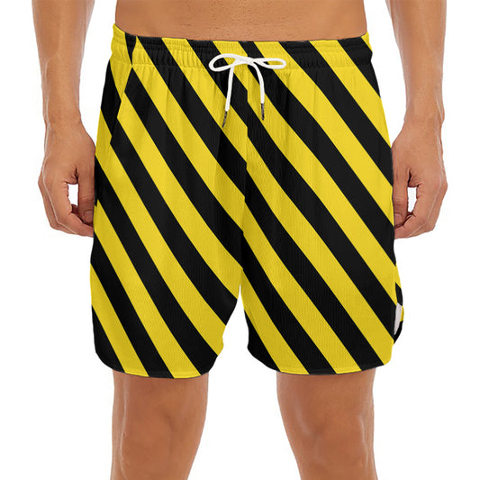 Black And Yellow Warning Striped Print Men's Split Running Shorts