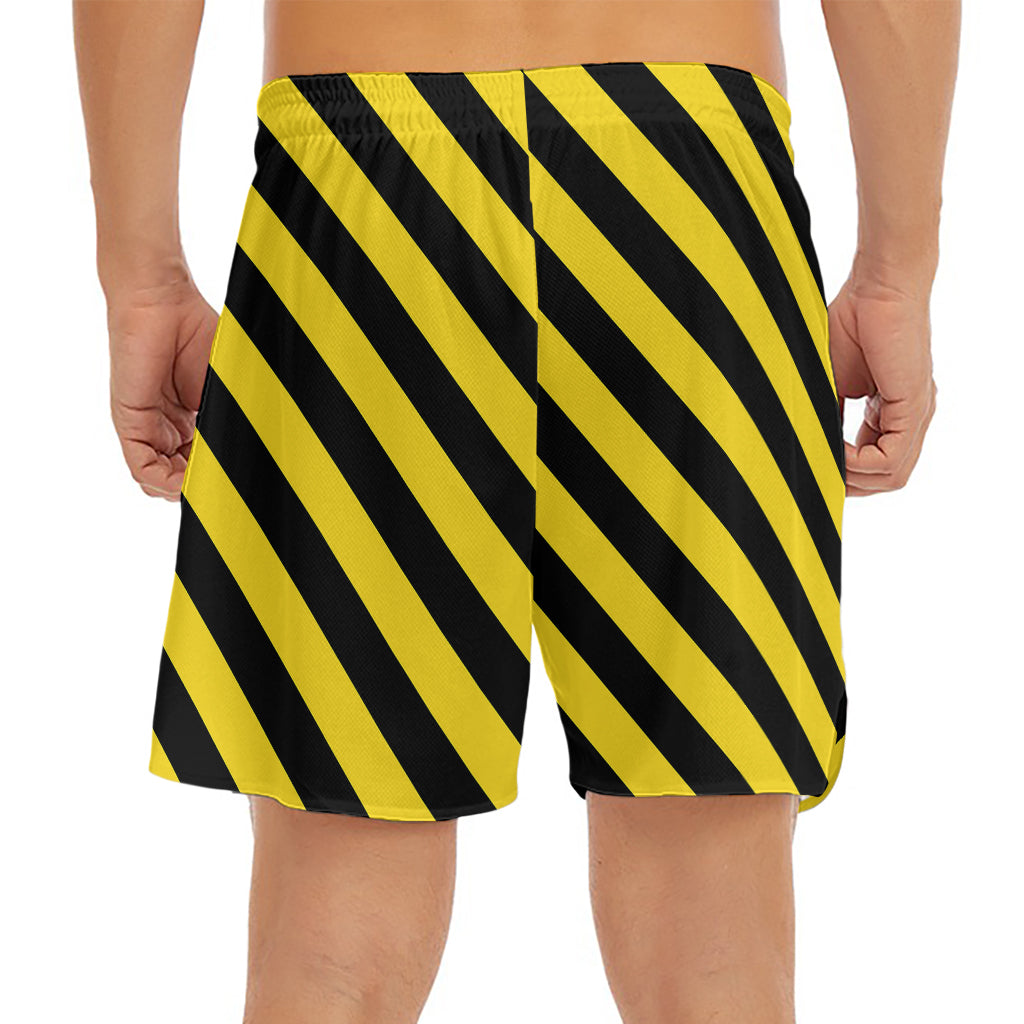 Black And Yellow Warning Striped Print Men's Split Running Shorts