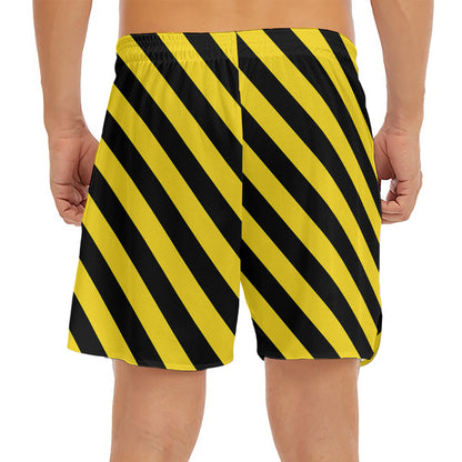 Black And Yellow Warning Striped Print Men's Split Running Shorts