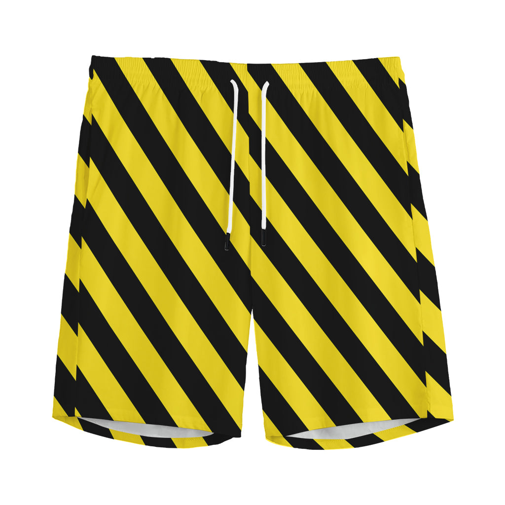Black And Yellow Warning Striped Print Men's Sports Shorts