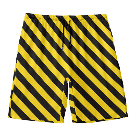 Black And Yellow Warning Striped Print Men's Swim Trunks