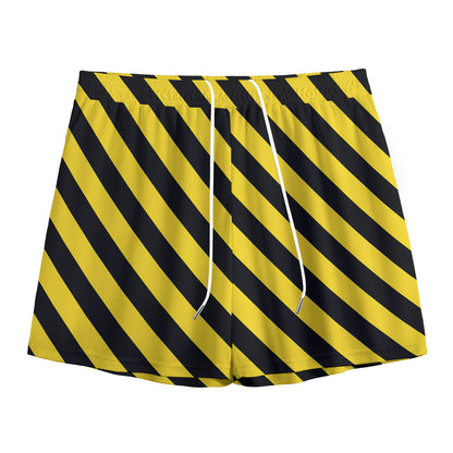 Black And Yellow Warning Striped Print Mesh Shorts