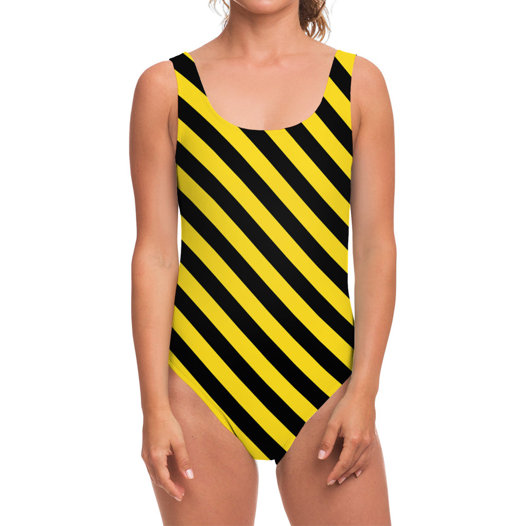 Black And Yellow Warning Striped Print One Piece Swimsuit