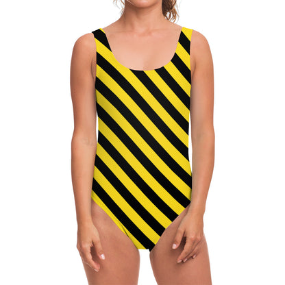 Black And Yellow Warning Striped Print One Piece Swimsuit