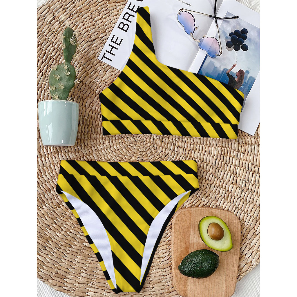 Black And Yellow Warning Striped Print One Shoulder Bikini Top