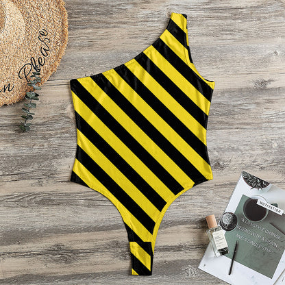 Black And Yellow Warning Striped Print One Shoulder Bodysuit