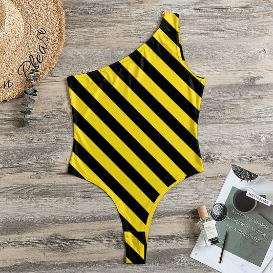 Black And Yellow Warning Striped Print One Shoulder Bodysuit