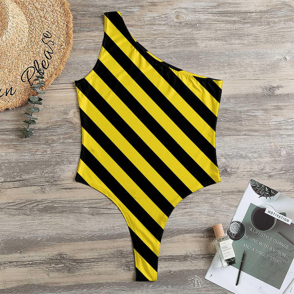 Black And Yellow Warning Striped Print One Shoulder Bodysuit