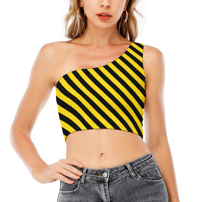 Black And Yellow Warning Striped Print One Shoulder Crop Top