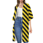 Black And Yellow Warning Striped Print Open Front Beach Cover Up