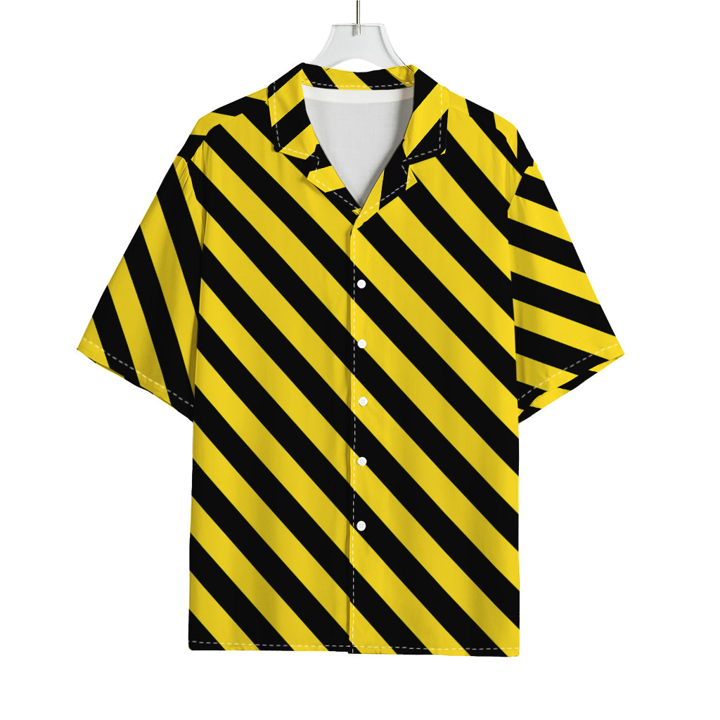 Black And Yellow Warning Striped Print Rayon Hawaiian Shirt