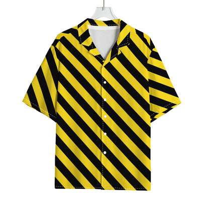 Black And Yellow Warning Striped Print Rayon Hawaiian Shirt