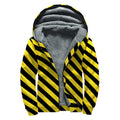 Black And Yellow Warning Striped Print Sherpa Lined Zip Up Hoodie