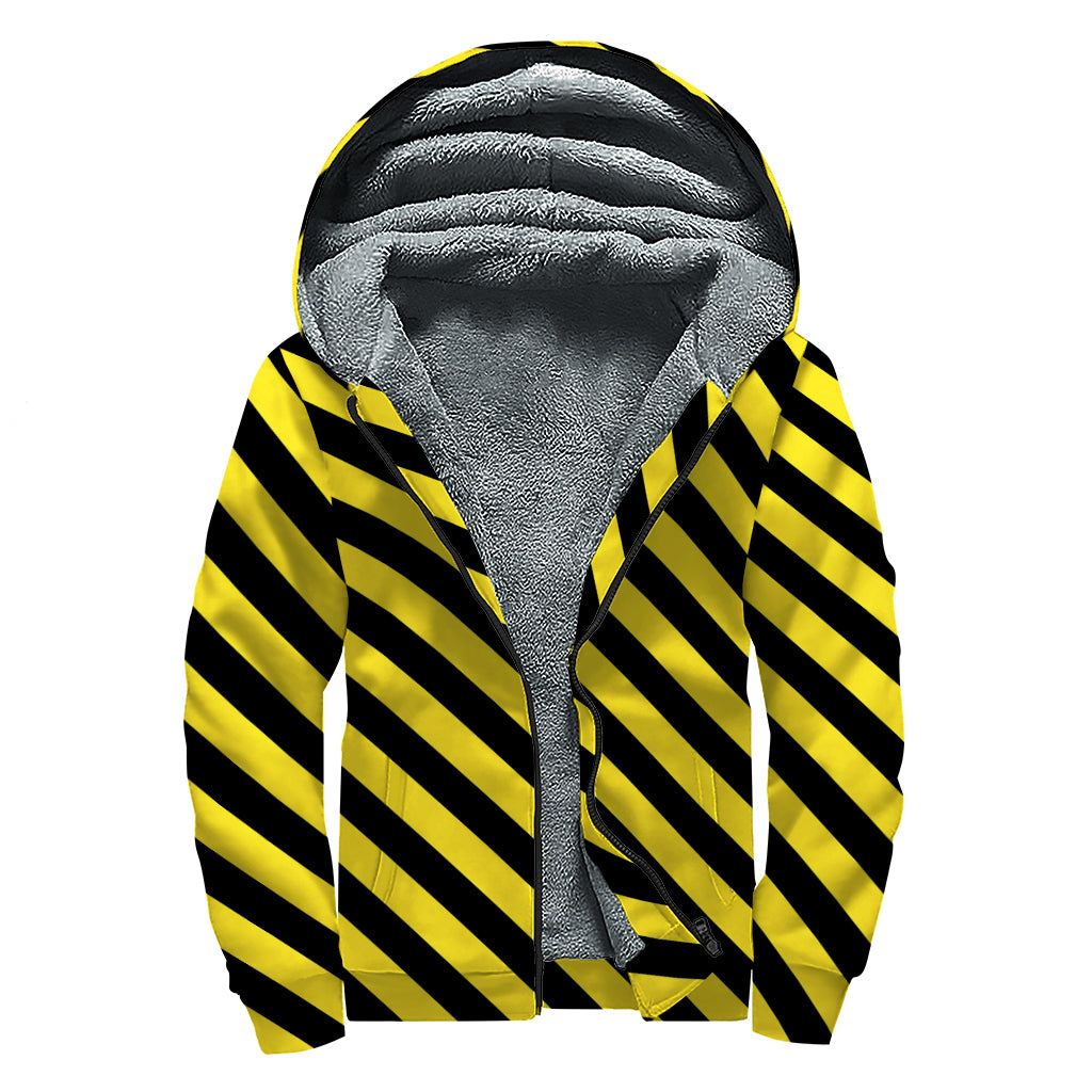 Black And Yellow Warning Striped Print Sherpa Lined Zip Up Hoodie