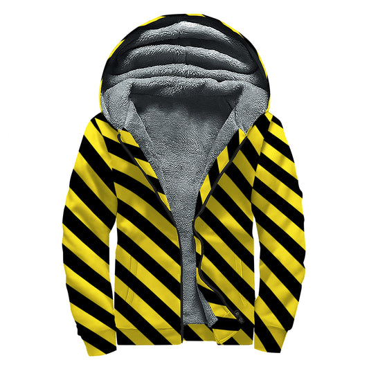 Black And Yellow Warning Striped Print Sherpa Lined Zip Up Hoodie