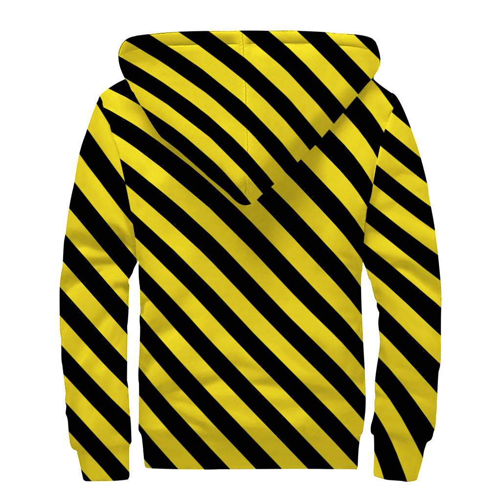 Black And Yellow Warning Striped Print Sherpa Lined Zip Up Hoodie