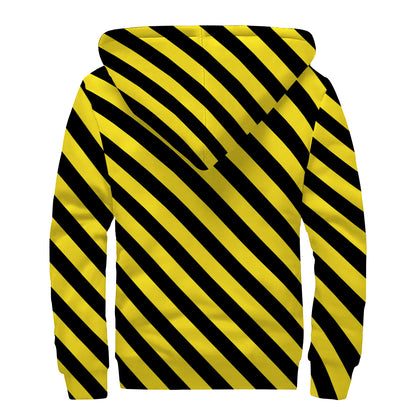 Black And Yellow Warning Striped Print Sherpa Lined Zip Up Hoodie