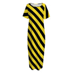 Black And Yellow Warning Striped Print Short Sleeve Long Nightdress
