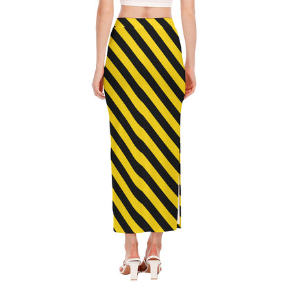 Black And Yellow Warning Striped Print Side Slit Maxi Skirt