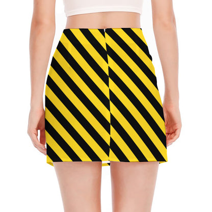 Black And Yellow Warning Striped Print Side Slit Mini Skirt