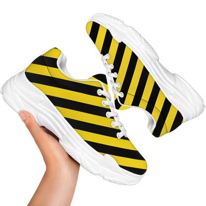 Black And Yellow Warning Striped Print White Chunky Shoes