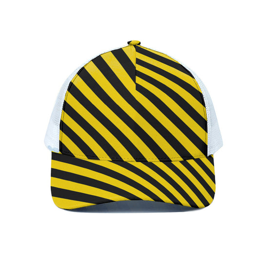 Black And Yellow Warning Striped Print White Mesh Trucker Cap