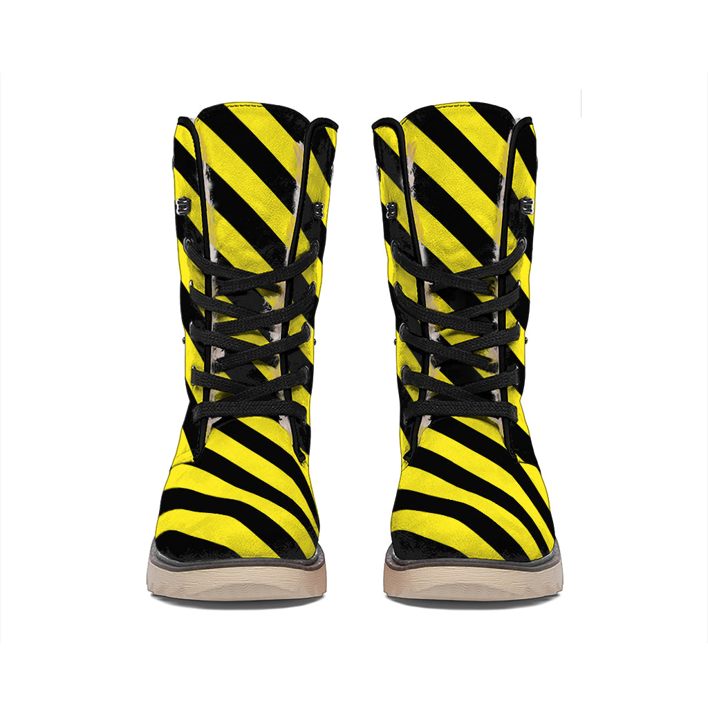 Black And Yellow Warning Striped Print Winter Boots