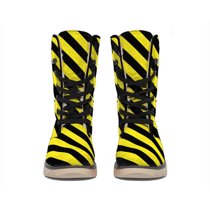 Black And Yellow Warning Striped Print Winter Boots