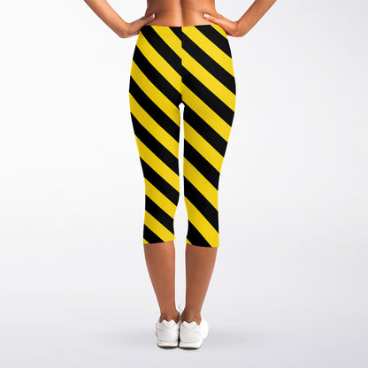 Black And Yellow Warning Striped Print Women's Capri Leggings