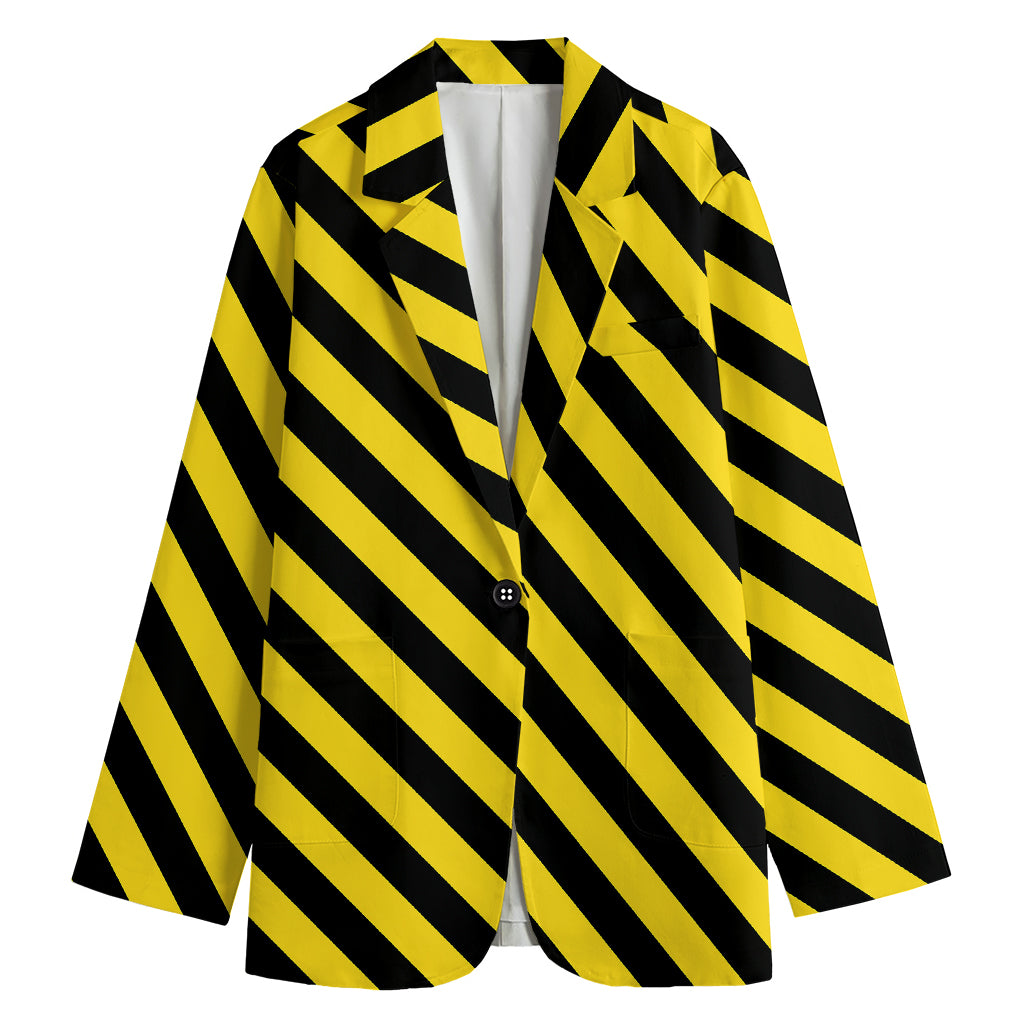 Black And Yellow Warning Striped Print Women's Cotton Blazer
