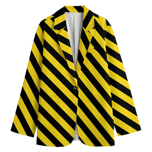 Black And Yellow Warning Striped Print Women's Cotton Blazer