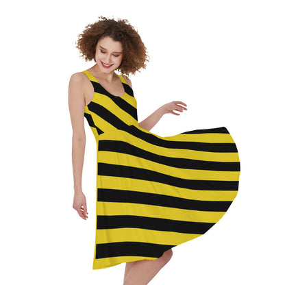 Black And Yellow Warning Striped Print Women's Sleeveless Dress