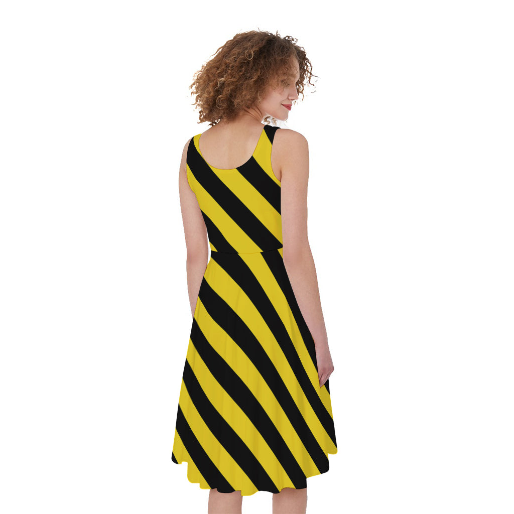 Black And Yellow Warning Striped Print Women's Sleeveless Dress