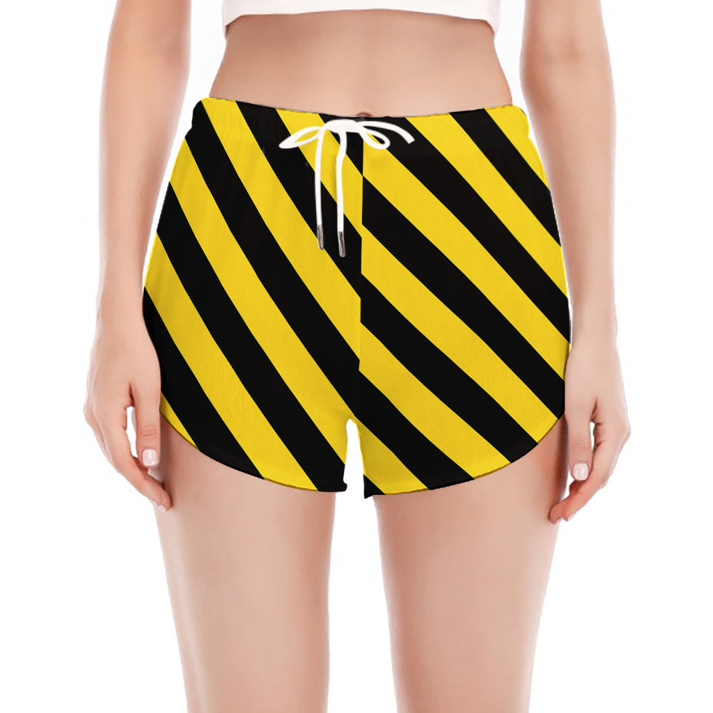 Black And Yellow Warning Striped Print Women's Split Running Shorts